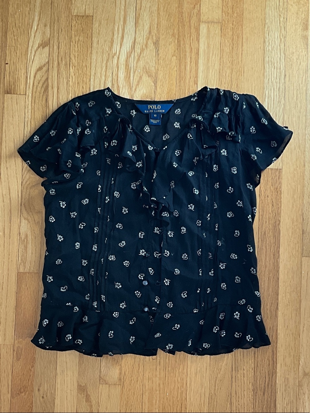 Polo by Ralph Lauren Youth Black Short-Sleeve Ruffle Floral Blouse
